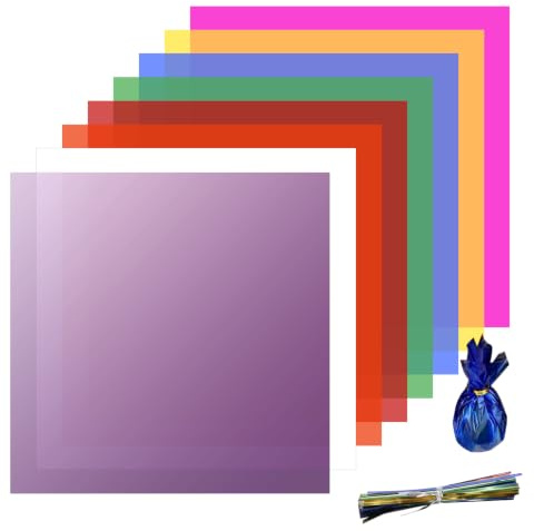 Coloured Cellophane Wrap 7.5''x 7.5'' Cellophane Sheets Transparent Paper Acetate Sheets with Twist Ties DIY Accessories for Art Crafts Candies Easter Eggs Packaging Halloween Christmas Party 80 PCS