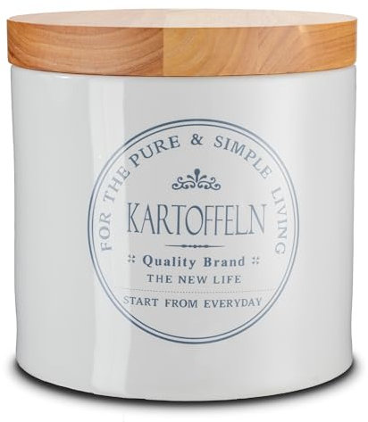 KHG Kartoffeltopf Keramik Steingut Weiß Holzdeckel Bambus, Kartoffel Aufbewahrung, ca. 4 kg oder 9 Liter, Kartoffelbehälter rund, atmungsaktive Luftlöcher, glänzend glasiert Emaille, beschriftet