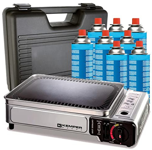 KEMPER - Plancha de gas portátil de 2300 W, placa antiadherente + 8 cartuchos de gas camping + maleta de transporte