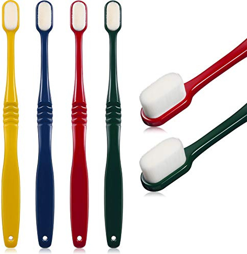 4 Stück Weich Mikro Nano Manuelle Zahnbürste Extra Weiche Borsten Zahnbürste mit 20.000 Borsten für Zerbrechliches Zahnfleisch Erwachsene Kinder (Rot, Dunkelgrün, Gelb, Dunkelblau)