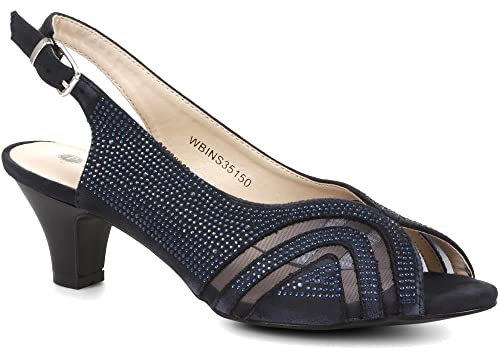 Pavers Womens Slingback Heels in Navy - Embellished Diamante Detail - Wider Fit D/E - Easy Buckle Fastening - Ideal for Formal - Size UK 6 / EU 39