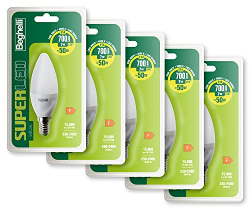 Beghelli - Lampadina Led E14 SUPER, Luce Bianca Neutra 7W 700lm 4000K, Non Dimmerabile, Adatta per Interni, Durata 15000 Ore, 5 Pack da 1 Lampadina - Colore: Led, 5 pz
