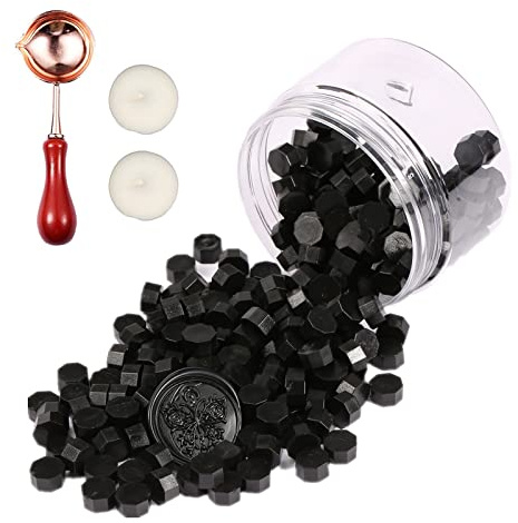 Comealltime Juego de 248 piezas de cera para sellar, perlas de cera para sellar octagonales con 2 velas de té y 1 cuchara de fusión, laca para sellos de cera (Negro)