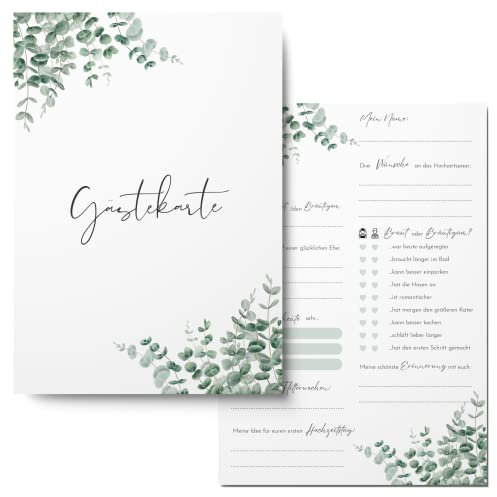 MAVANTO 50x Gästekarten Hochzeit zum Ausfüllen - Wunderschöne Gästebuchkarten als Alternative zum Gästebuch (Eukalyptus)