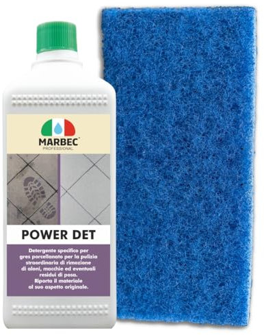 MARBEC POWER DET 1LT+TAMPONE BLU Detergente smacchiante e disincrostante per pavimenti in gres porcellanato. Rimuove sporco, aloni e macchie persistenti, rinnovando l’aspetto del gres.