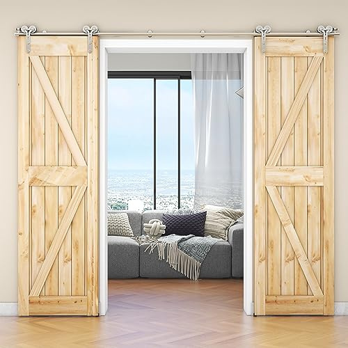 WOLFBIRD Schiebetür Beschläge Edelstahl Schiebeschiene 183cm Komplettes Rollenschienen Set Heavy Duty Stabil für Doppeltür aus Holz(Y-Form)