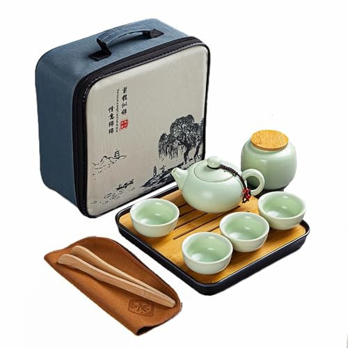 Webao Ensemble de Théière Chinois Kungfu en Céramique - Service à Thé Avec 4 Tasses, Boîte et Plateau - Cadeau Tout-en-Un Pour Thé en Vrac, Vert