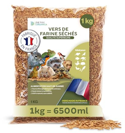 Detox Organica vers de Farine Séchés 1kg (=6500ml) ÉLEVAGE France - Premium | 100% Naturel - Friandise Oiseaux, Hérissons, Tortues, Reptiles, Poissons, Rongeur - Animaux Sauvages, Compagnie
