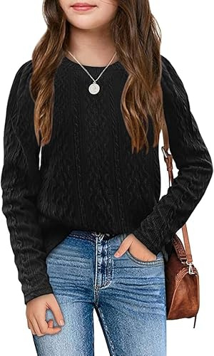 Haloumoning Jersey de punto para niñas, cuello redondo, de manga larga, de un solo color, suéter de otoño e invierno, Negro , 150
