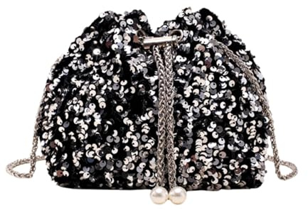 DiiWmme Bucket Bag for Women Sparkly Black Clutch Bag with Drawstring Detachable Chain Strap Elegant Shoulder Handbag Crossbag for Wedding Party Evening Bag for Girls Ladies