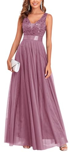 ORANDESIGNE Vestito da Sera Elegante Donna Lungo Vestiti Paillettes in Tulle Chiffon Abito Damigella d'Onore Vita Alta Formale Maxi Abiti da Cerimonia Linea ad A Stile Impero A Rosa S