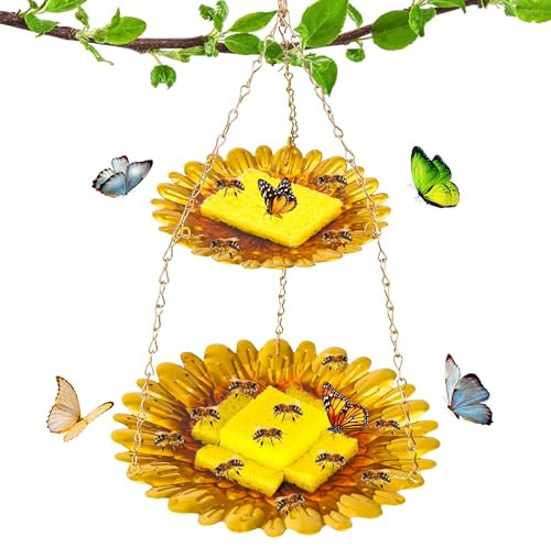 DECOHS Doppelstöckiger Bienenfutterspender mit lebendigem Blumendesign, rostfreie Eisen-Schmetterlings-Bienen-Bewässerungsstationen mit 2 Schwamm, hängende Schmetterlings-Badeschale, Bienentrinkbecher