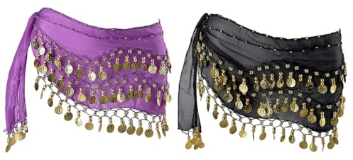 Hitopin Ceinture Danse Orientale Femme, 2 Pièces Jupe de Danse du Ventre, Foulard de Hanche de Danse du Ventre, Costume de Danse du Ventre, Jupe Ceinture Monnaie, pour Performance,Danse (Violet, Noir)