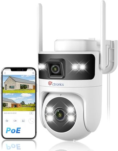 Ctronics PoE Caméra Surveillance WiFi Extérieure [Double Objectif], 2.4/5GHz WiFi Caméra, PTZ Camera IP, Détection Humain & Suivi Automatique, Vision Nocturne Couleur, PC/Cloud/TF, IP66