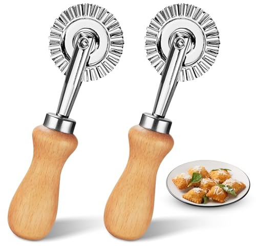 2Pcs Pasta Cutter Wheel Stainless Steel Fluted Pastry Ravioli Cutter Wheel with Wooden Handle Pastry Crimper for Home Kitchen