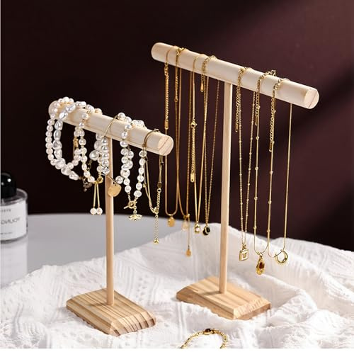 Techchii 2 Pezzi Organizer Gioielli, Espositore Collane in Legno, Porta Collane Bracciali a Forma di T, Rimovibili, per Collane, per Conservare Gioielli, Base Stabile