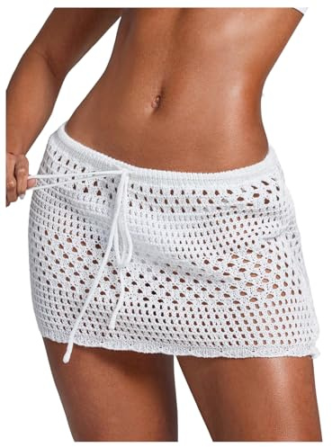 RoseSeek Women's Bathing Suit Cover Up Crochet Beach Skirt Knit Drawstring Sheer Mesh Swim Coverups Swimwear White S