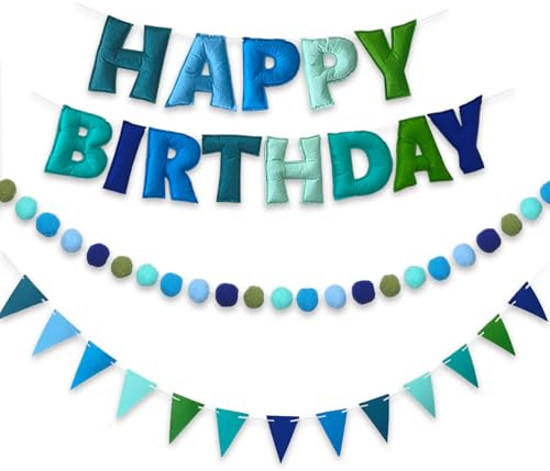 Reusable Felt Happy Birthday Banner - Felts Fabric Banner Felt Ball Garland - Happy Birthday Garland, Handmade Letters & Balls Personalized Party Sign for Birthdays Party Decorations (Blue 2)