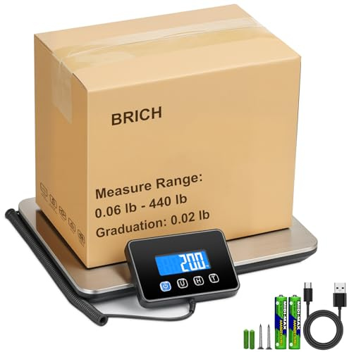 BRICH Balance numérique de 200 kg/10 g de précision - Balance numérique précise avec LCD, TARA/HOLD, USB-C et piles, balance de valise portable pour entrepôt, bureau, maison et petites entreprises