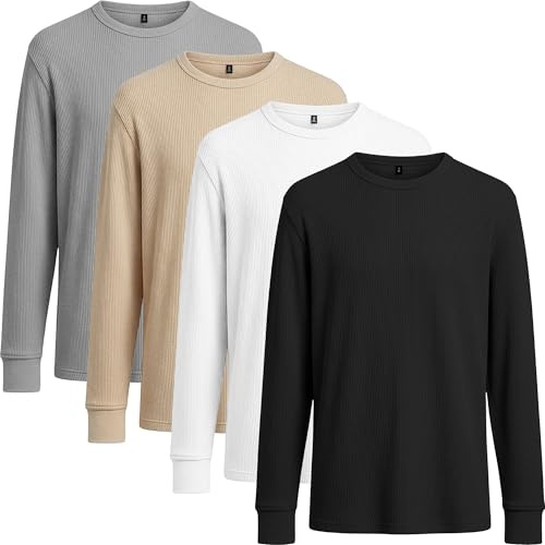 Mens 4 Pack Long Sleeve Grandad T-Shirts Waffle Knit Thermal Tops Warm Winter Base Layer Tee Multipack, Pack of 4 Assorted, L