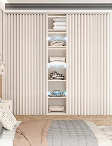 Aeovot Tenda per Cabina Armadio Aperto, Tenda Antipolvere per Scaffale Personalizzata, Tende Scorrevoli per Armadietti Cucina Scarpiera Libreria con Guide di Scorrimento Autoadesive(Beige)