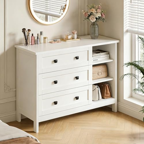 FEONASE Chest of Drawers Bedroom with Charging Station, 3 Drawer Chest of Drawers with Open Storage Unit, Modern Wooden MDF Bedroom Cabinet Furniture,90x 68x36cm White