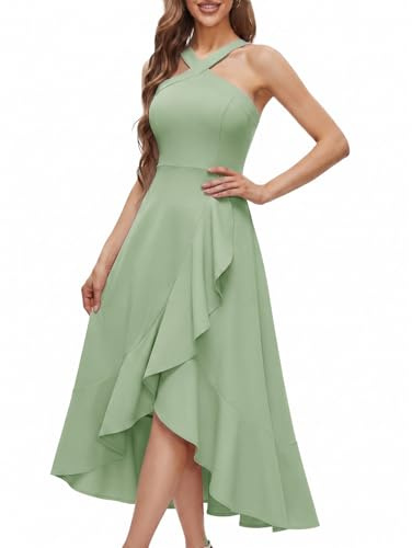 Fynadressr Women's Halter Neck Midi Dress Elegant Sleeveless High Low Ruffle Formal Cocktail Party Wedding Guest Dresses Light Green 2XL
