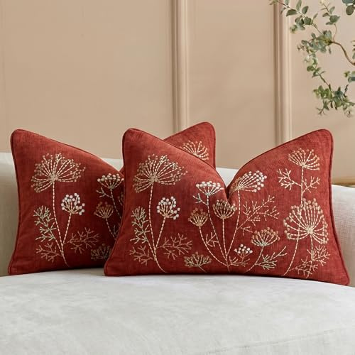 HOSTECCO Juego de 2 fundas de cojín lumbar bordadas de 30 x 50 cm, felpilla floral diente de león, cojines decorativos rectangulares, fundas de almohada retro terracota para sofá