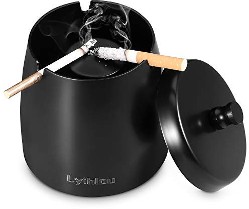 Aschenbecher Edelstahl mit Deckel, Winddichter Tischaschenbecher für Zigaretten, Moderne Windaschenbecher tragbar mit rutschfestem Basis für Draußen und Innen(Schwarz Gross)