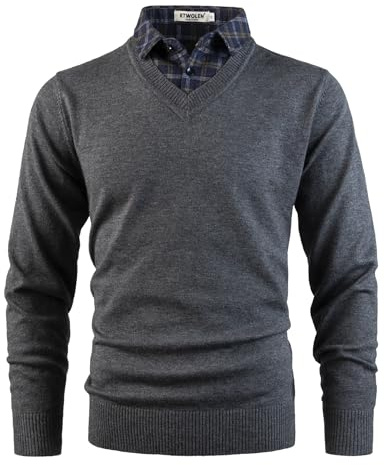 KTWOLEN Herrtröja med falsk skjorta krage klassiska avslappnade tröjor pullover v-ringad långärmad stickade vinter varma stickade jumper toppar, Träkol, XL