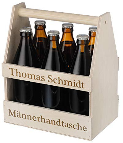 polar-effekt Männerhandtasche aus Holz - Wunschgravur - Platz für 6 Flaschen - Ideal für Bierflaschen - Geburtstag, Weihnachten oder Verabschiedung - Geschenkidee für Männer