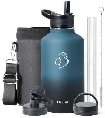 BUZIO 64 oz Water Bottle Insulated with Straw & 3 lid and Carrying Pouch, Leak Proof Half Gallon Stainless Steel Water Flask Jug, Cold for 48 Hrs Double Vacuum Thermo Canteen, BPA-Free, Indigo Crush