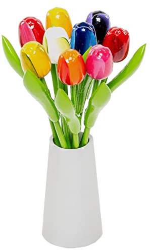 MomoMoments Holztulpen, Holzblumen, Holzdekoration, Holz-Kunstblumen, 9 Tulpen in Holzvase Design weiß, 21 cm, Dekoration, Geschenk, Multicolor