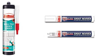 UniBond 2577444 Ultra Force Wall Tile Grout, Grout in Easy Apply Cartridge, White, 460g Cartridge & Unibond Grout Reviver Pen, White Grout Pen for Restoring Bathroom Grout Joints, 1x7ml
