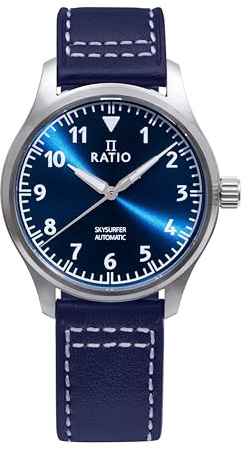 RATIO Pilot Style Watch Leather Strap Analog Display Sapphire Crystal Japanese Automatic 200M Water Resistant Casual Formal Wear Watch for Men (Blue Sunray)