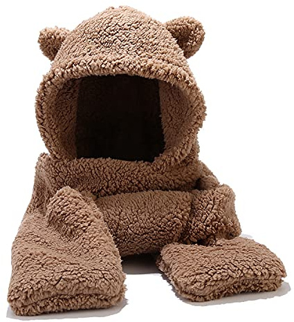 Umeepar Winter Bear Ear Sherpa Hood Hat Scarf Gloves 3 in 1 Hooded Scarf for Women Men (Brown)