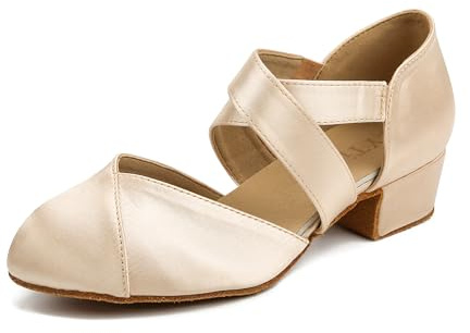 YYTing Women Swing Latin Ballroom Dance Shoes (Closed Toe, Suede Sole, Elastic Closure) 1.5 inch Heel YT26(8,Beige)