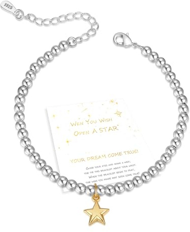 XOEMEL Sterling Silver Bracelet for Women 5MM Round Silver Bead Bracelet Adjustable Star Charm Bracelet for Women Teenage Silver Ladies Bracelet