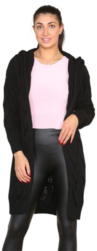 WearAll Women Ladies Cardigan Cable Knitted Oversized Long Hooded Chunky Jumper Cape Open Front Collarless Knit Top Black Size 8-16