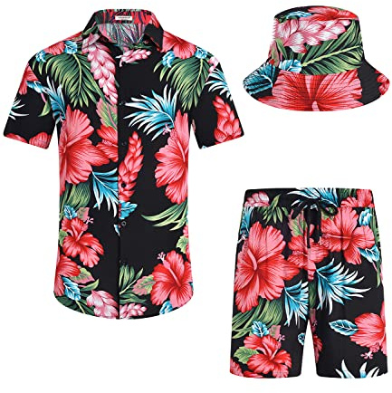 SPKPKEY Hawaiiansk skjorta och shorts för män, set i 2 delar, ledig button-down-skjortor, sommar, strandkläder med fiskhattar