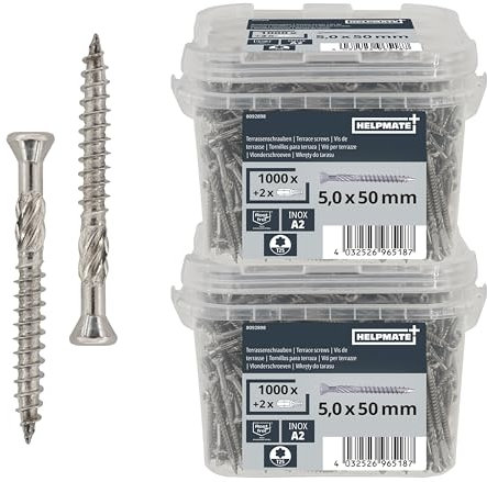 HELPMATE – Vis de terrasse 5 x 50 en acier inoxydable A2 – Lot de 2000 vis de plancher + embout T25 – Vis de terrasse pour l'extérieur (construction de terrasses, abris de jardin)