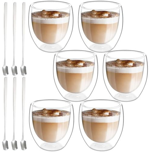 6 Stück Latte Macchiato Gläser Doppelwandig 250ml Espressotassen Set Doppelwandige Gläser mit 6 Löffeln Cappuccino Tassen Kaffeegläser Kaffeetassen Eiskaffee Glas Thermogläser Kaffeebecher