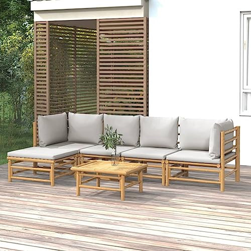 LIANGDONFC balkonmöbel Set、gartensessel outdoor6-tlg. Garten-Lounge-Set mit Hellgrauen Kissen BambusIdeal für Terrassen, Gärten