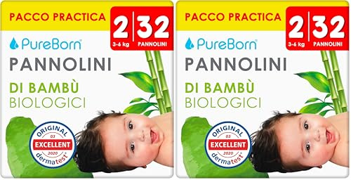 PureBorn Pañales Bebé Ecológicos de Bambú, Talla 2 (3-6 kg), 32 piezas, Hipoalergénicos, Ultrasuaves, Estampado Surtido (Paquete de 2)