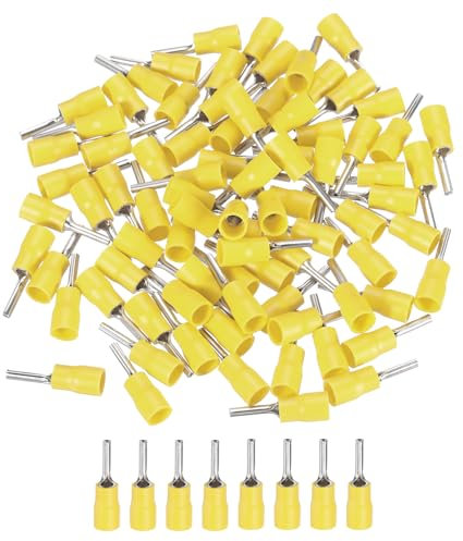 sourcing map 100 Pcs Insulated Pin Electrical Wire Connectors Wire Terminals Wire Crimp Connector Kit 14-10 AWG for Electrical Projects Industrial Chemical Industry, Yellow
