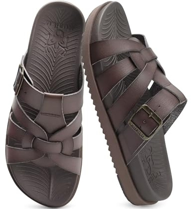 Kuailu Gladiator Sandals for Women Comfortable Arch Support Summer Beach Vacation Walking Travel Flats Orthopedic Strappy Slides Boho Dress Outfits Fisherman Slip on Cushion Leather Shoes Brown Size 8