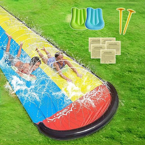 SilverChry Rasen Wasserrutsche, Doppelte 468 x 145cm Rutschbahn Outdoor Wasser mit Sprinkler, Wasserrutsche Garten für Kinder mit 2 Bodyboards, Sommerspielzeug, Außen-Wasserspielzeug, Sommer
