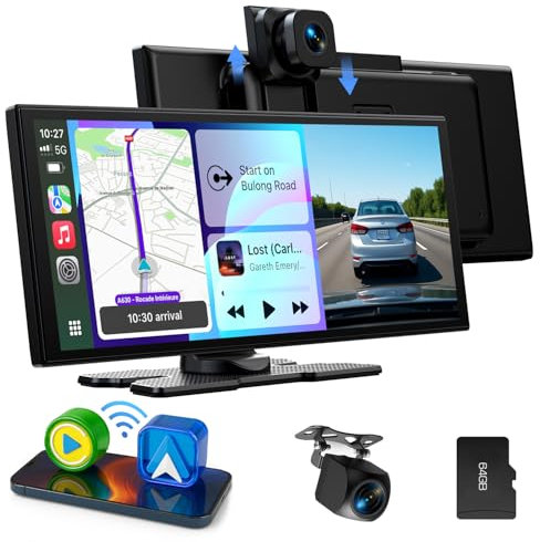 LAMTTO Wireless CarPlay Android Auto Display 10,25 Pollici Schermo per Auto Car Play con Dashcam Anteriore Posteriore 2,5K+1080P con Assistente Vocale Navigazione Bluetooth FM AUX Scheda TF 64GB