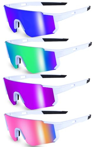 Lot de 4 paires de Lunette de Cyclisme Velo UV 400, Lunettes de Soleil pour Femme Homme, Vélo de course, ski, rave (Cadre Blanc)