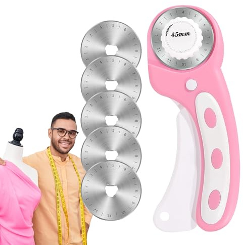 45 mm ergonomisk rullskärare - exakt tygskärare med roterande blad, ergonomiskt handtag och snabbväxlingsblad | Perfekt för skärning av tyg, läder, papper, | mer komfort, exakt